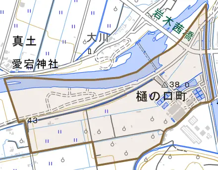大字樋の口町とその周辺の地図。町の範囲を重ねている