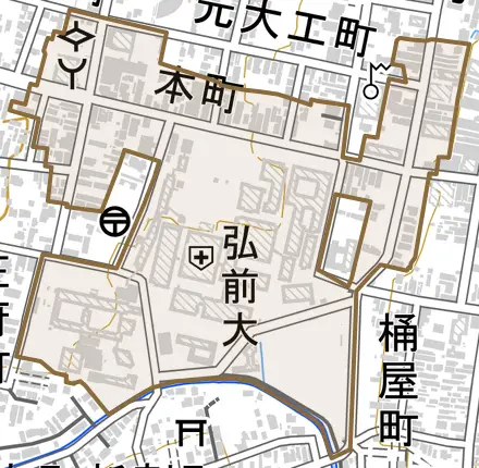 大字本町とその周辺の地図。町の範囲を重ねている