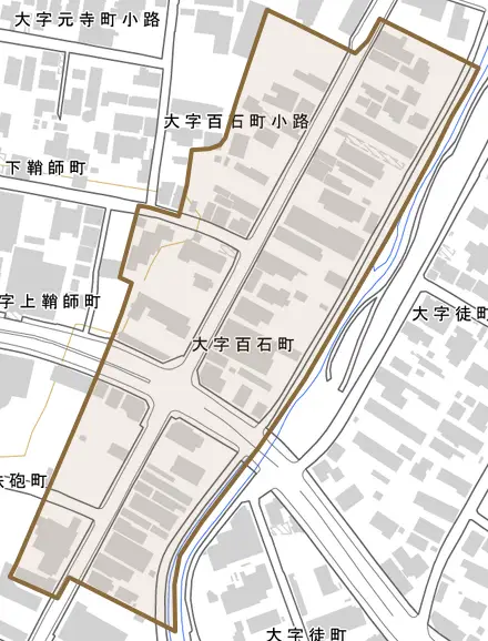 大字百石町とその周辺の地図。町の範囲を重ねている