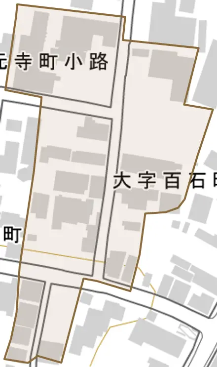 大字百石町小路とその周辺の地図。町の範囲を重ねている