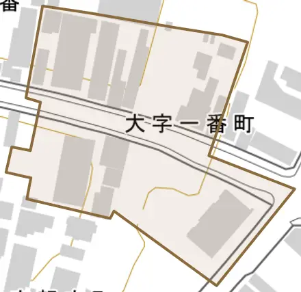 大字一番町とその周辺の地図。町の範囲を重ねている