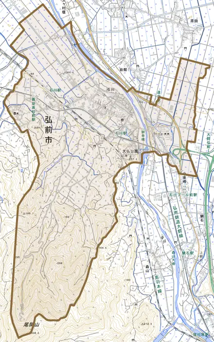 大字石川とその周辺の地図。町の範囲を重ねている