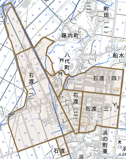 大字石渡とその周辺の地図。町の範囲を重ねている