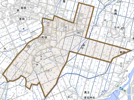 大字一町田とその周辺の地図。町の範囲を重ねている