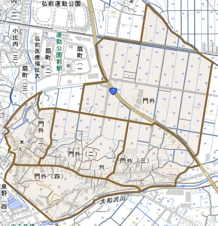 大字門外とその周辺の地図。町の範囲を重ねている