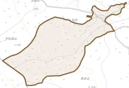 大字貝沢とその周辺の地図。町の範囲を重ねている