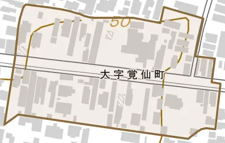 大字覚仙町とその周辺の地図。町の範囲を重ねている