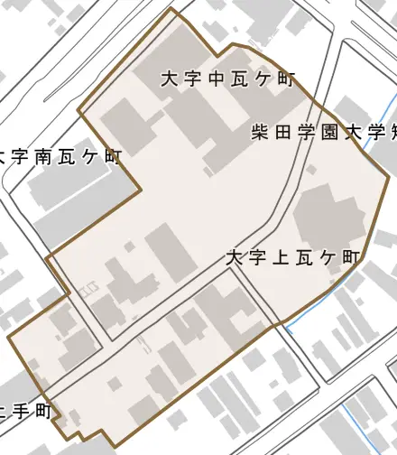 大字上瓦ケ町とその周辺の地図。町の範囲を重ねている
