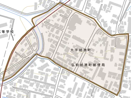 大字紙漉町とその周辺の地図。町の範囲を重ねている