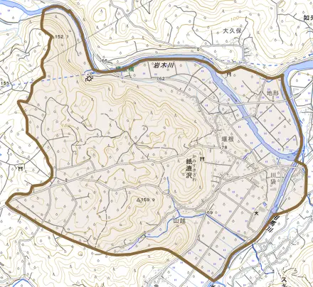 大字紙漉沢とその周辺の地図。町の範囲を重ねている