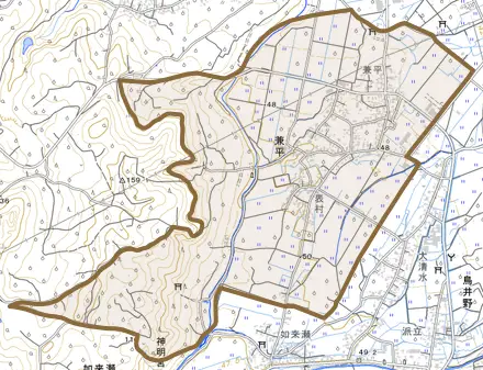 大字兼平とその周辺の地図。町の範囲を重ねている