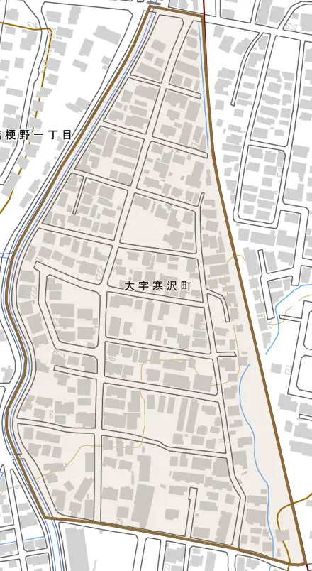 大字寒沢町とその周辺の地図。町の範囲を重ねている