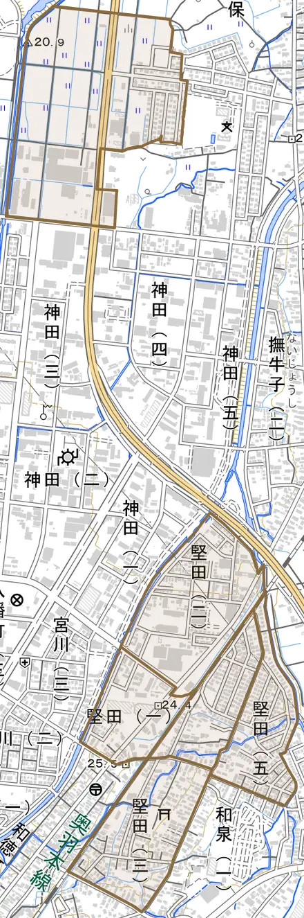 大字堅田とその周辺の地図。町の範囲を重ねている