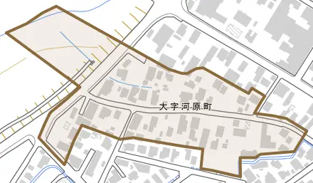 大字河原町とその周辺の地図。町の範囲を重ねている