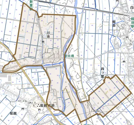 大字川合とその周辺の地図。町の範囲を重ねている