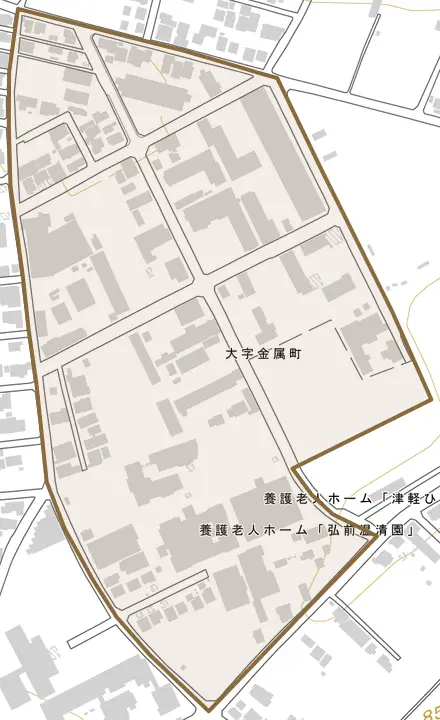 大字金属町とその周辺の地図。町の範囲を重ねている