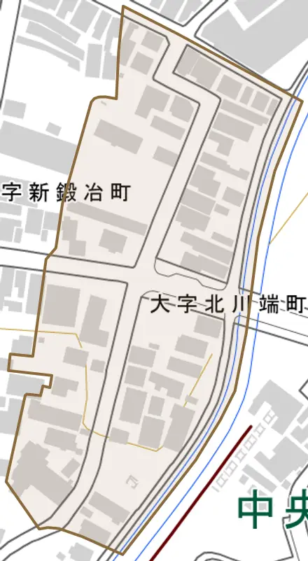 大字北川端町とその周辺の地図。町の範囲を重ねている