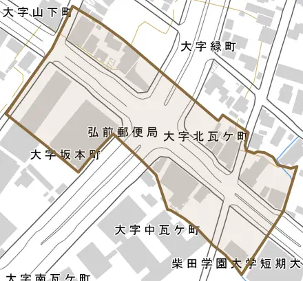 大字北瓦ケ町とその周辺の地図。町の範囲を重ねている
