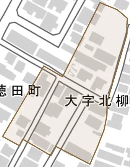 大字北柳町とその周辺の地図。町の範囲を重ねている