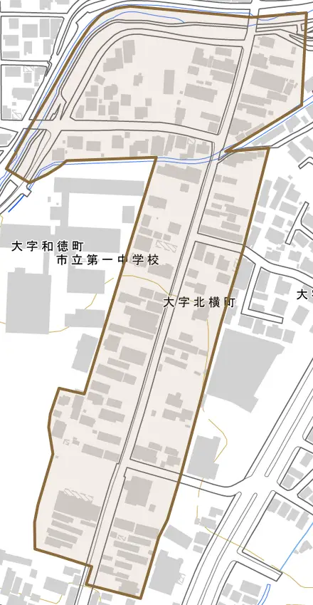 大字北横町とその周辺の地図。町の範囲を重ねている