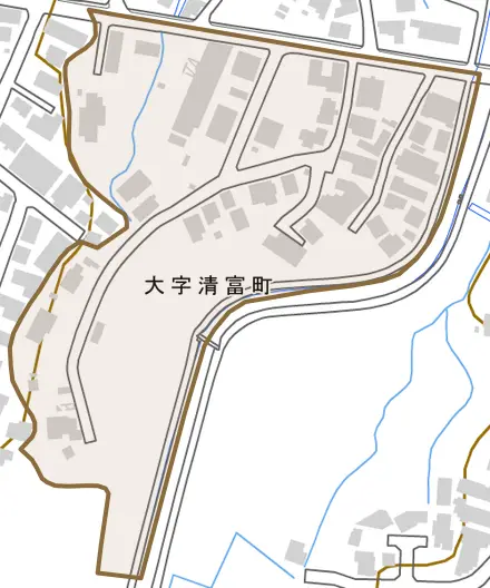 大字清富町とその周辺の地図。町の範囲を重ねている