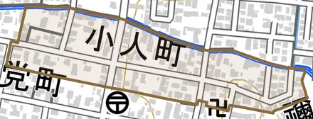 大字小人町とその周辺の地図。町の範囲を重ねている