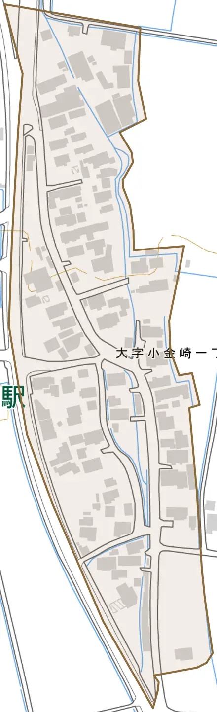 大字小金崎とその周辺の地図。町の範囲を重ねている