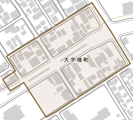 大字楮町とその周辺の地図。町の範囲を重ねている