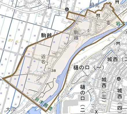大字駒越とその周辺の地図。町の範囲を重ねている