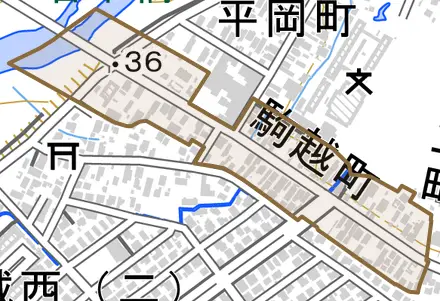 大字駒越町とその周辺の地図。町の範囲を重ねている