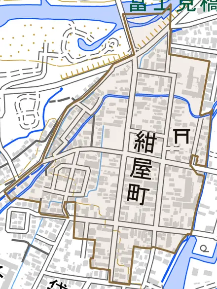 大字紺屋町とその周辺の地図。町の範囲を重ねている