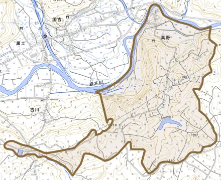 大字高野とその周辺の地図。町の範囲を重ねている