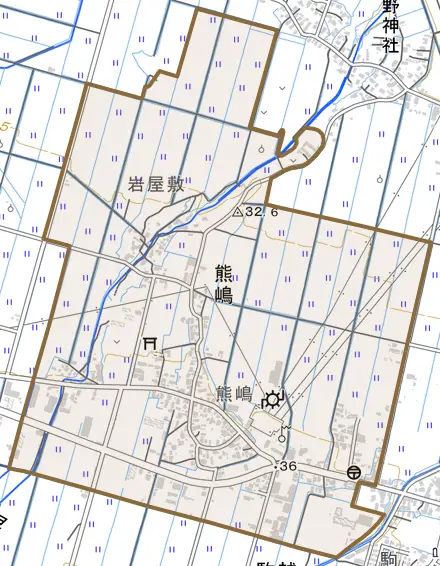 大字熊嶋とその周辺の地図。町の範囲を重ねている