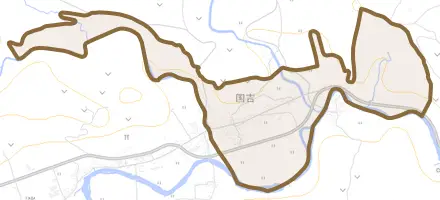大字国吉とその周辺の地図。町の範囲を重ねている