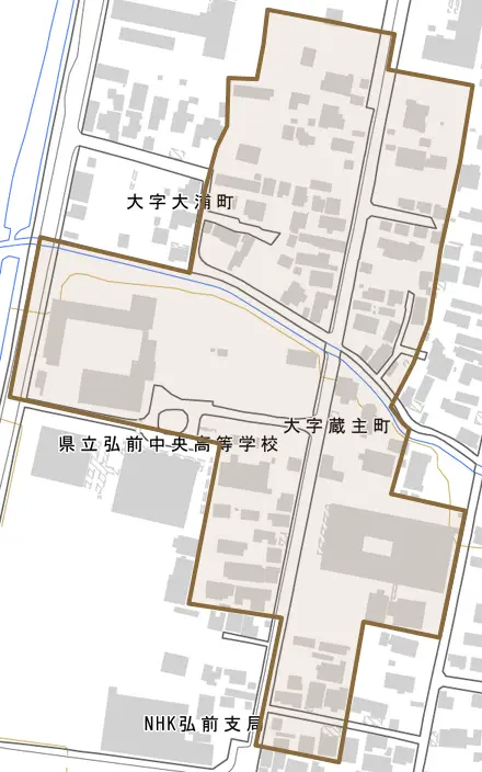 大字蔵主町とその周辺の地図。町の範囲を重ねている