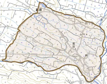 大字葛原とその周辺の地図。町の範囲を重ねている