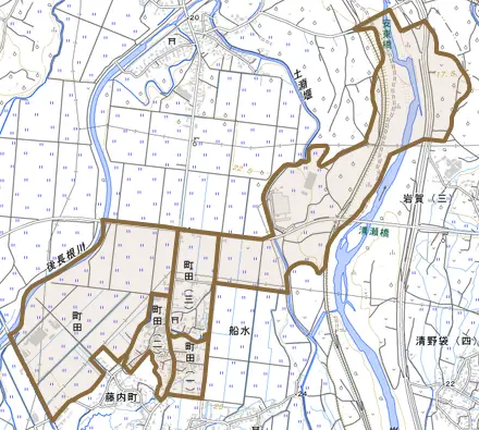 大字町田とその周辺の地図。町の範囲を重ねている