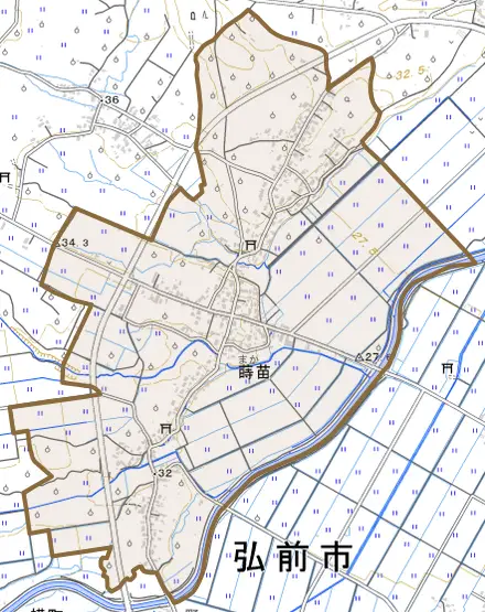 大字蒔苗とその周辺の地図。町の範囲を重ねている