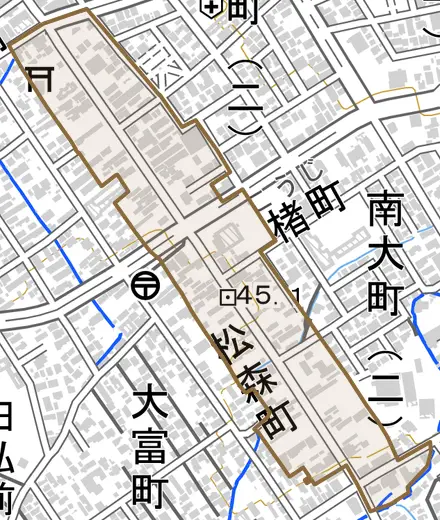 大字松森町とその周辺の地図。町の範囲を重ねている