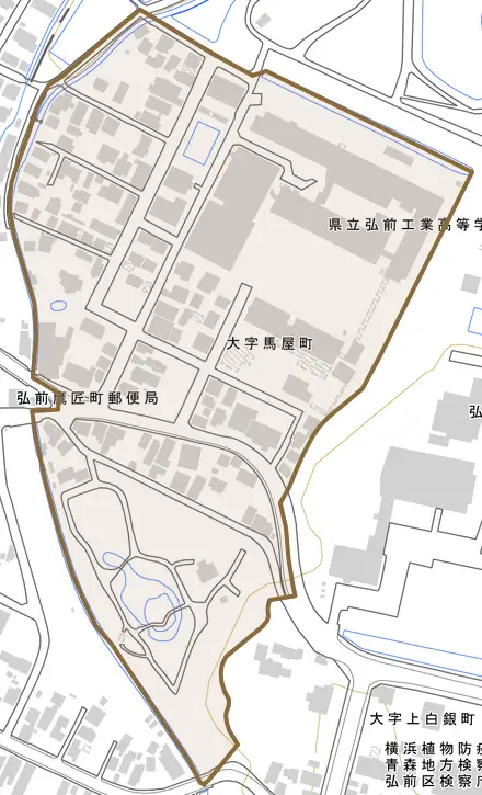 大字馬屋町とその周辺の地図。町の範囲を重ねている