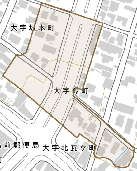 大字緑町とその周辺の地図。町の範囲を重ねている