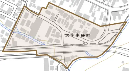 大字南袋町とその周辺の地図。町の範囲を重ねている