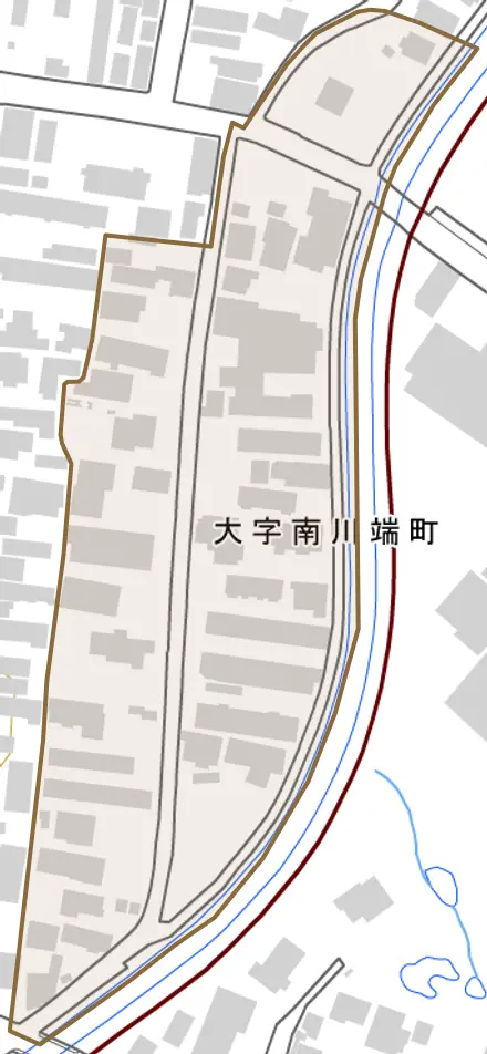 大字南川端町とその周辺の地図。町の範囲を重ねている