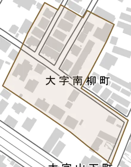 大字南柳町とその周辺の地図。町の範囲を重ねている