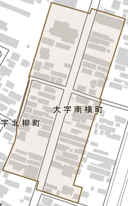 大字南横町とその周辺の地図。町の範囲を重ねている