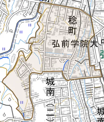 大字稔町とその周辺の地図。町の範囲を重ねている
