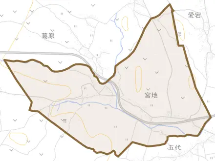 大字宮地とその周辺の地図。町の範囲を重ねている