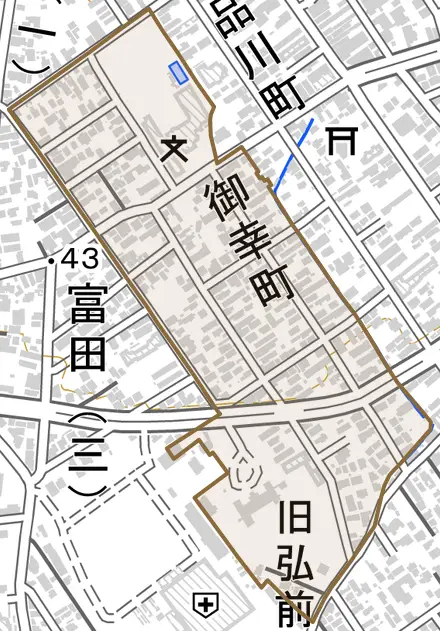 大字御幸町とその周辺の地図。町の範囲を重ねている