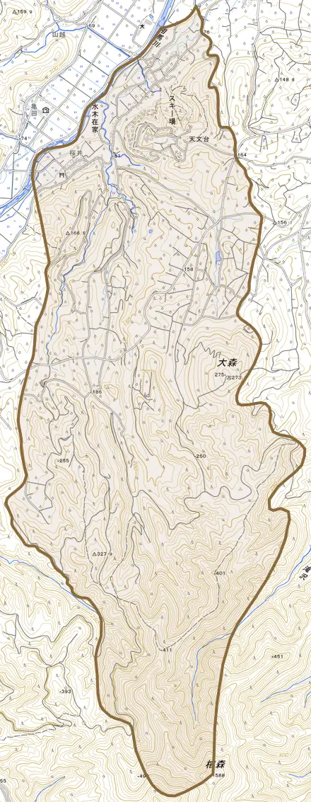大字水木在家とその周辺の地図。町の範囲を重ねている