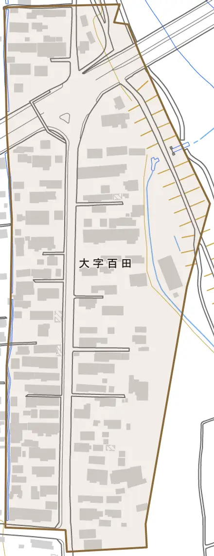 大字百田とその周辺の地図。町の範囲を重ねている
